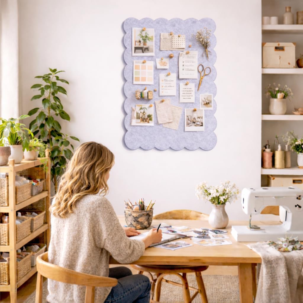 Scalloped Felt Bulletin Board 36 x 24 Inches, Large Decorative Vision Board for Wall, Office Memo & Photo Display for Home, Study & Dorm (Blue Gray)