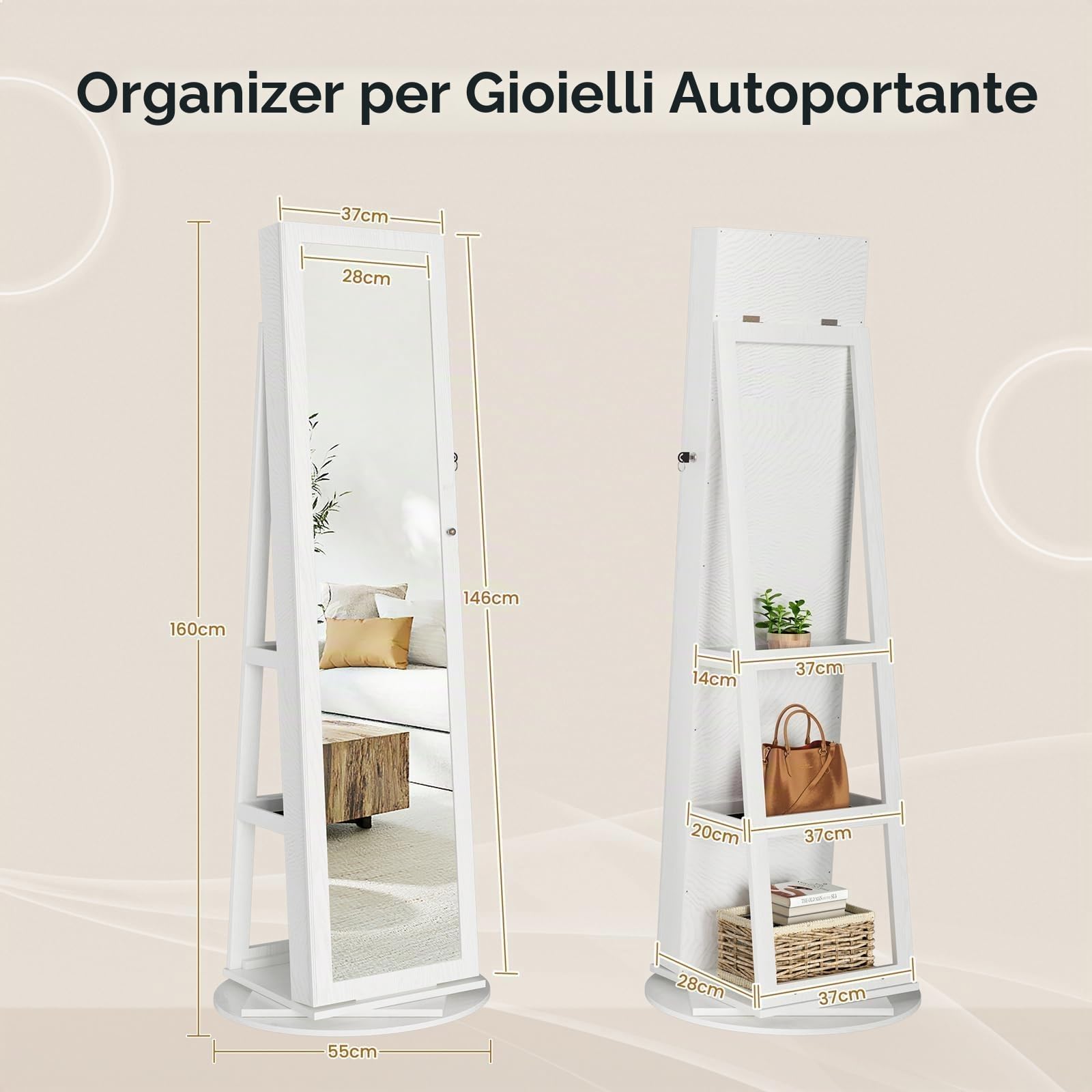 Dripex Armadietto per gioielli con specchio, specchio in piedi, con specchio e specchio interno, organizer per gioielli con ripiani 3 in 1, girevole a 360°, richiudibile, bianco
