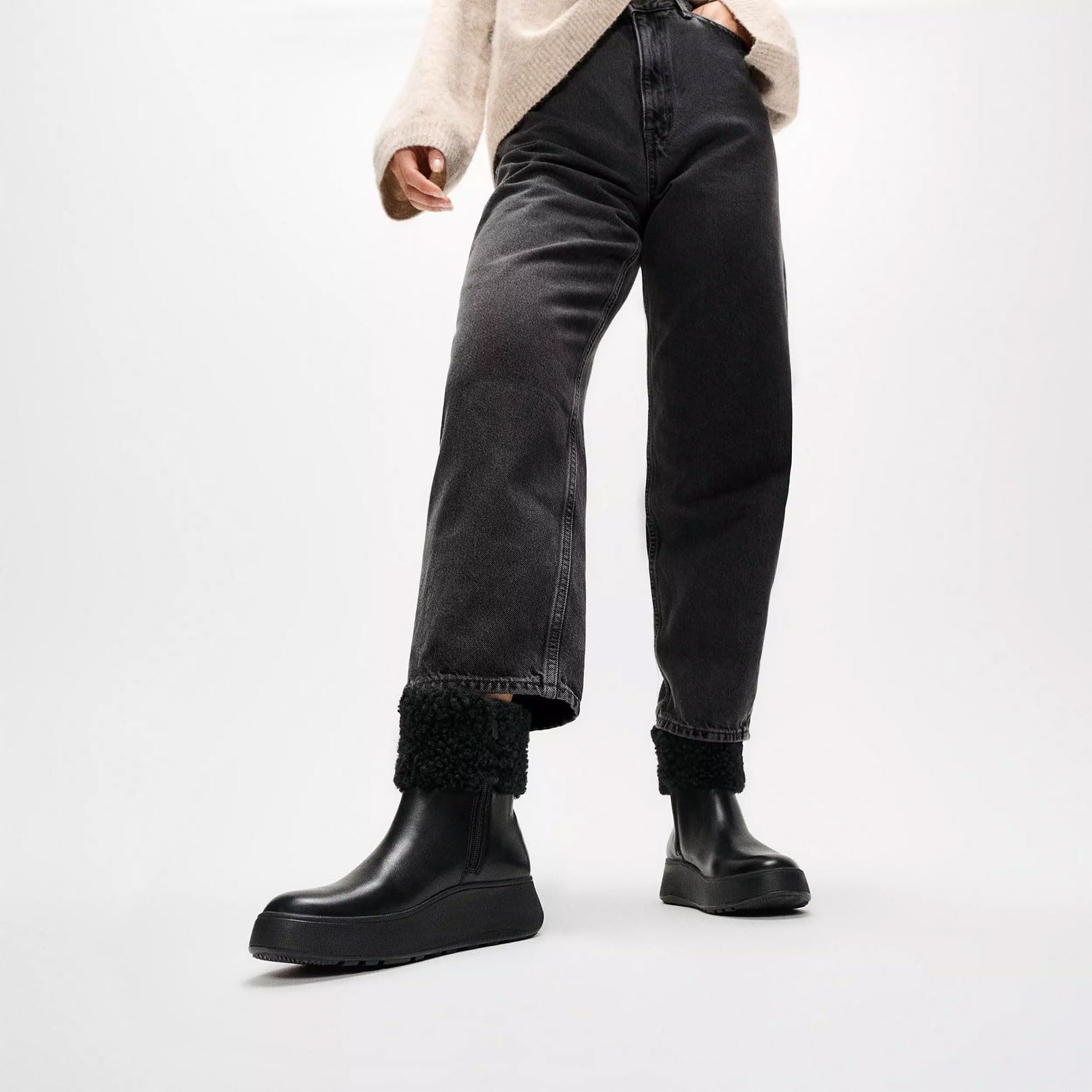 Fitflop F-Mode Shearling-Collar Zip-up Leather Ankle Boots, Botas Cortas al Tobillo Mujer