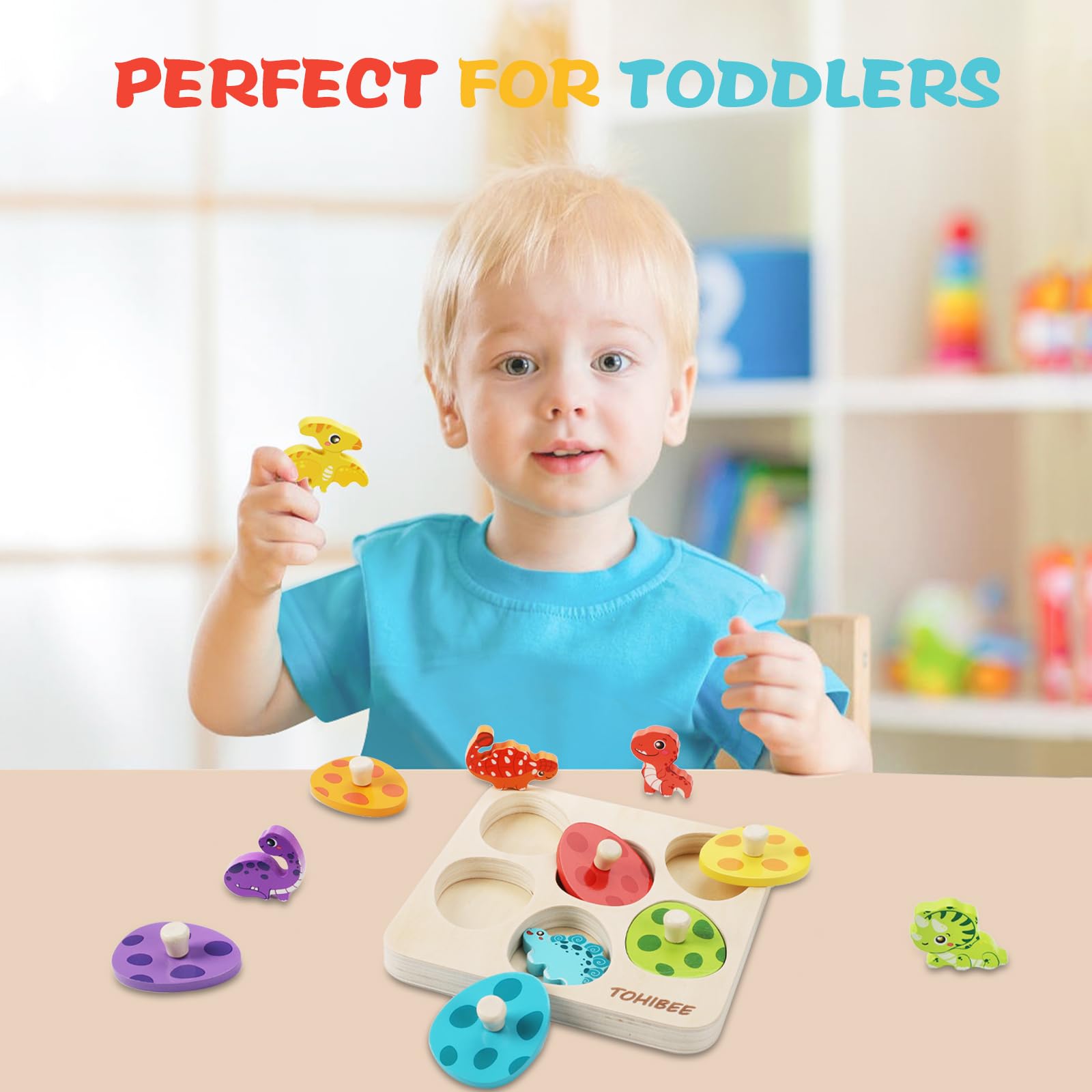 TOHIBEE Wooden Puzzles Montessori Toys for Toddlers 1-3, Dinosaur Eggs Peg Puzzles, Preschool Education Learning Toys for Boys and Girls, 6 Brightly Color Cute Dinosaur Shapes