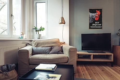 Miniatura 5 de Flyhaw Cartel de metal divertido de gallinero con texto en inglés But Did You Wash Your Hands Ranch, letrero retro de gallo para garaje, cocina,