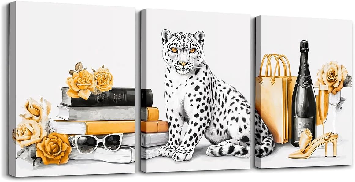 Erosebridal Yellow Leopard Wall Art Fashion Books Romance Rose Canvas Prints For Women Girls Valentines Day Wall Pictures Glam High Heels Wall Decor For Bedroom Office, Framed 12X16Inchx3Pcs