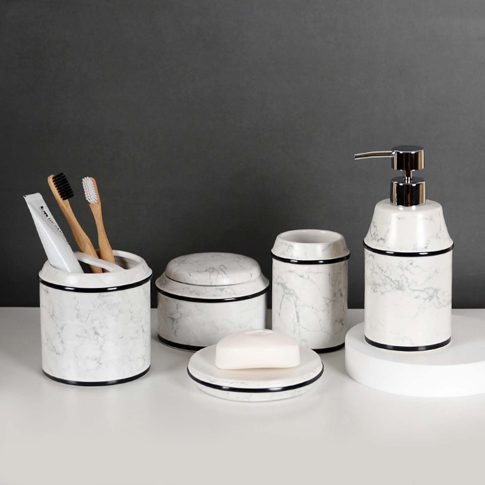 Set Dispensador De Jabón Marmoleado, Set De Baño De Cerámica, con Porta Cepillo De Dientes, Dispensador De Jabón, Jabonera, para La Zona De Lavado.,Blanco