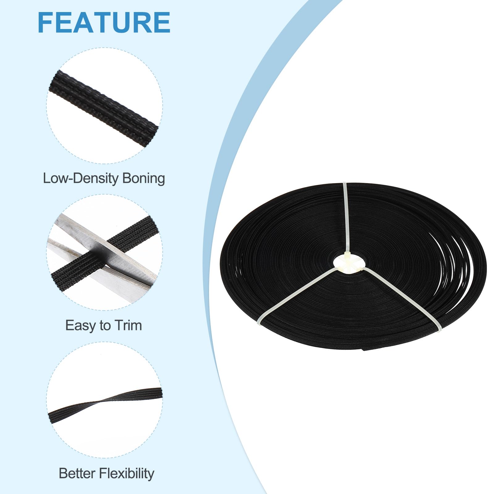 PATIKIL 4mm x 50 Yards Polyester Boning, 1 Roll Low-Density Boning for Handmade Dolls Hats Handbags Wedding Dresses, Black - Image 3
