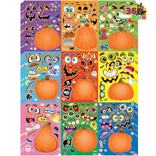 Image of JOYIN 36 PCS Halloween Pumpkin Stickers, Party Favor for Kids, Art Crafts Party Supplies, Pumpkin Decorating Face Sticker Sheets with 9 Designs, Halloween Goodies Classroom Activities Games