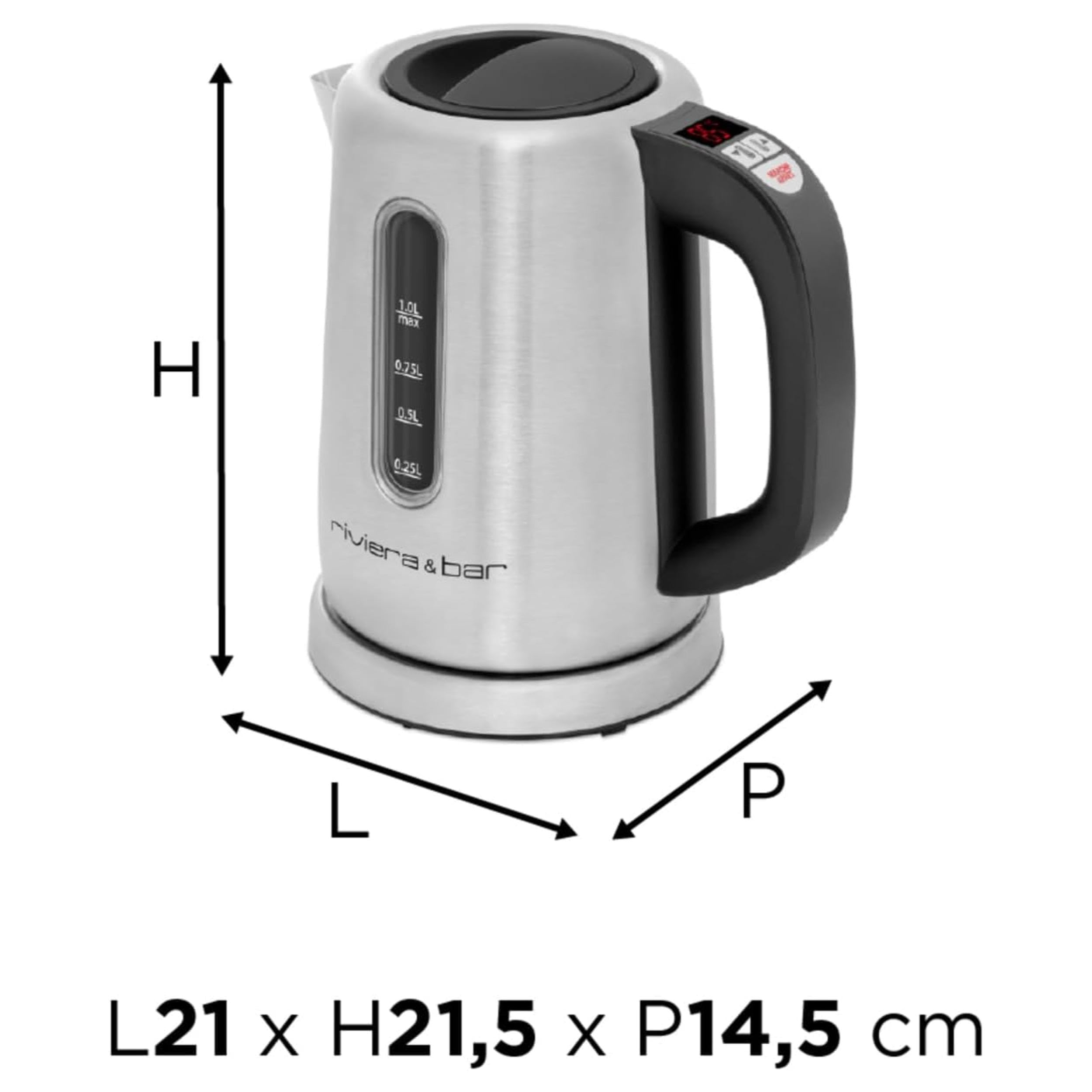 riviera&bar Bouilloire SIENA à Température Réglable - Compacte en Inox Brossé avec Socle Pivotant 360°, Protection Anti Surchauffe, Écran Digital et Maintien au Chaud - 1L - Inox