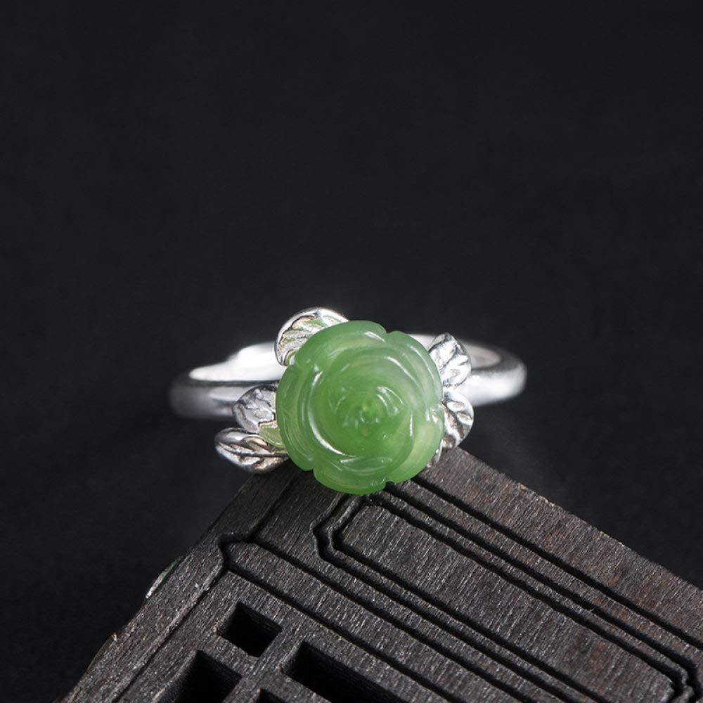 Vintage Estilo Chino S 925 Anillo De Plata Mujer Inlay Abierto Jasper Rose Regalo Creativo De Moda De Tendencia De Personalidad Temperamento Elegante