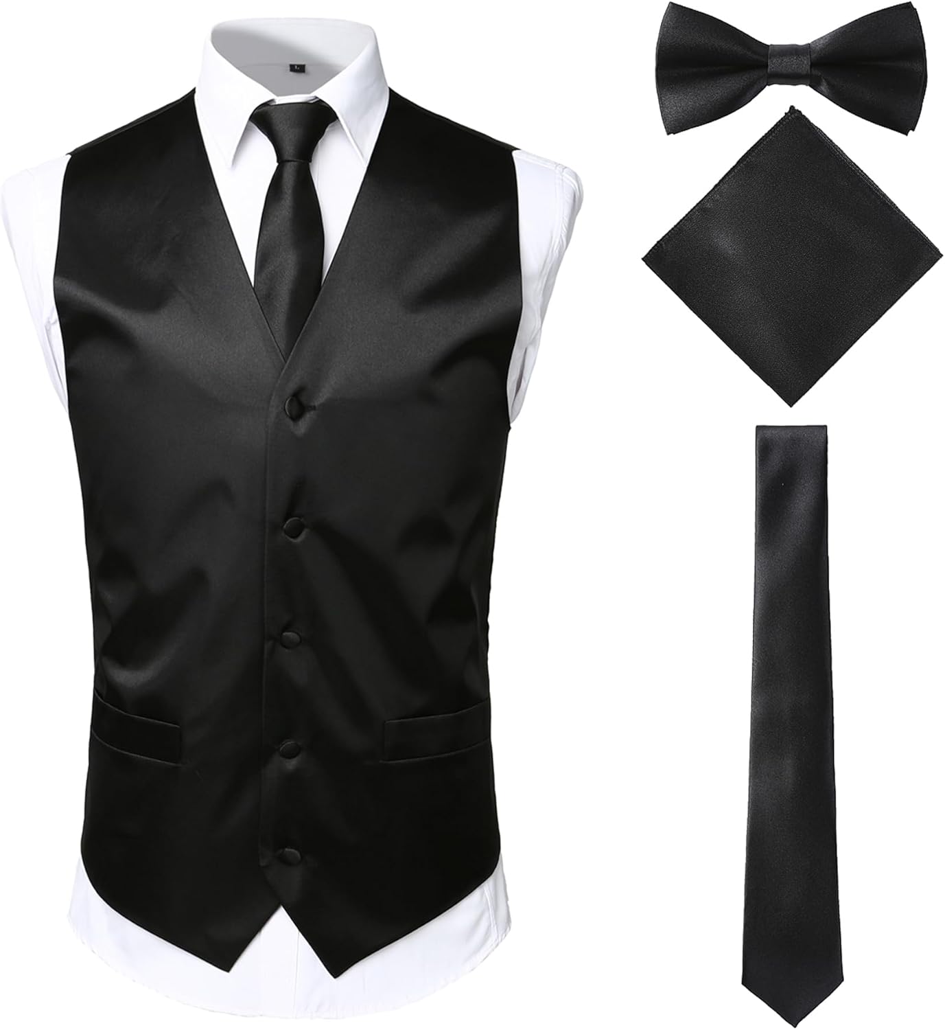 ZEROYAA Men's Solid 4pc Shiny Satin Vest Necktie Bowtie Pocket Square Set for Suit or Tuxedo