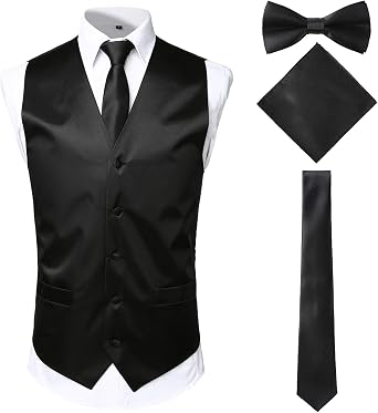 ZEROYAA Mens Solid 4pc Shiny Satin Vest Necktie Bowtie Pocket Square Set for Suit or Tuxedo