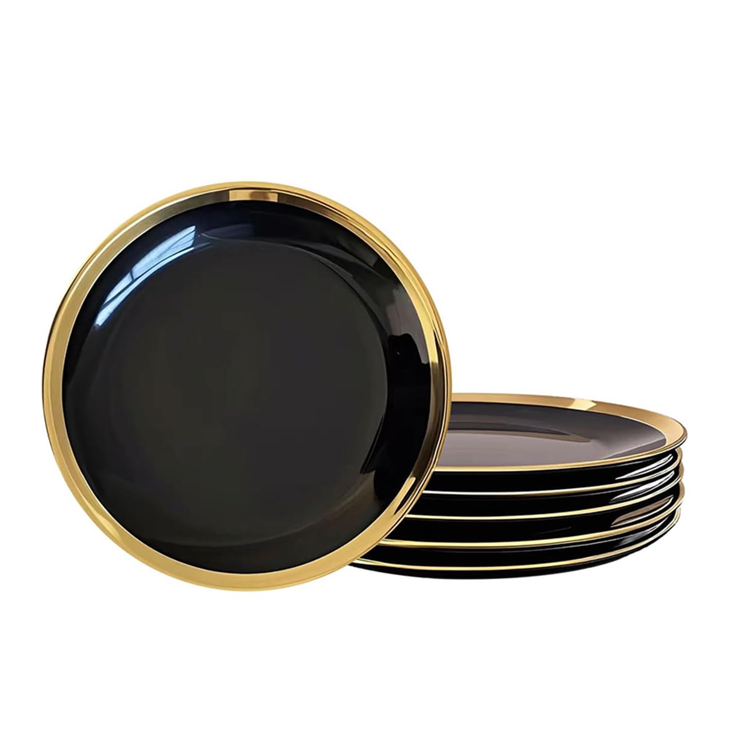 Loymokinar Dinner Plates, Set of 6, 10 inch, Black Porcelain with Gold Trim, Black Plates, Gold Ceramic Plates, Ideal for Desserts and Appetizers.