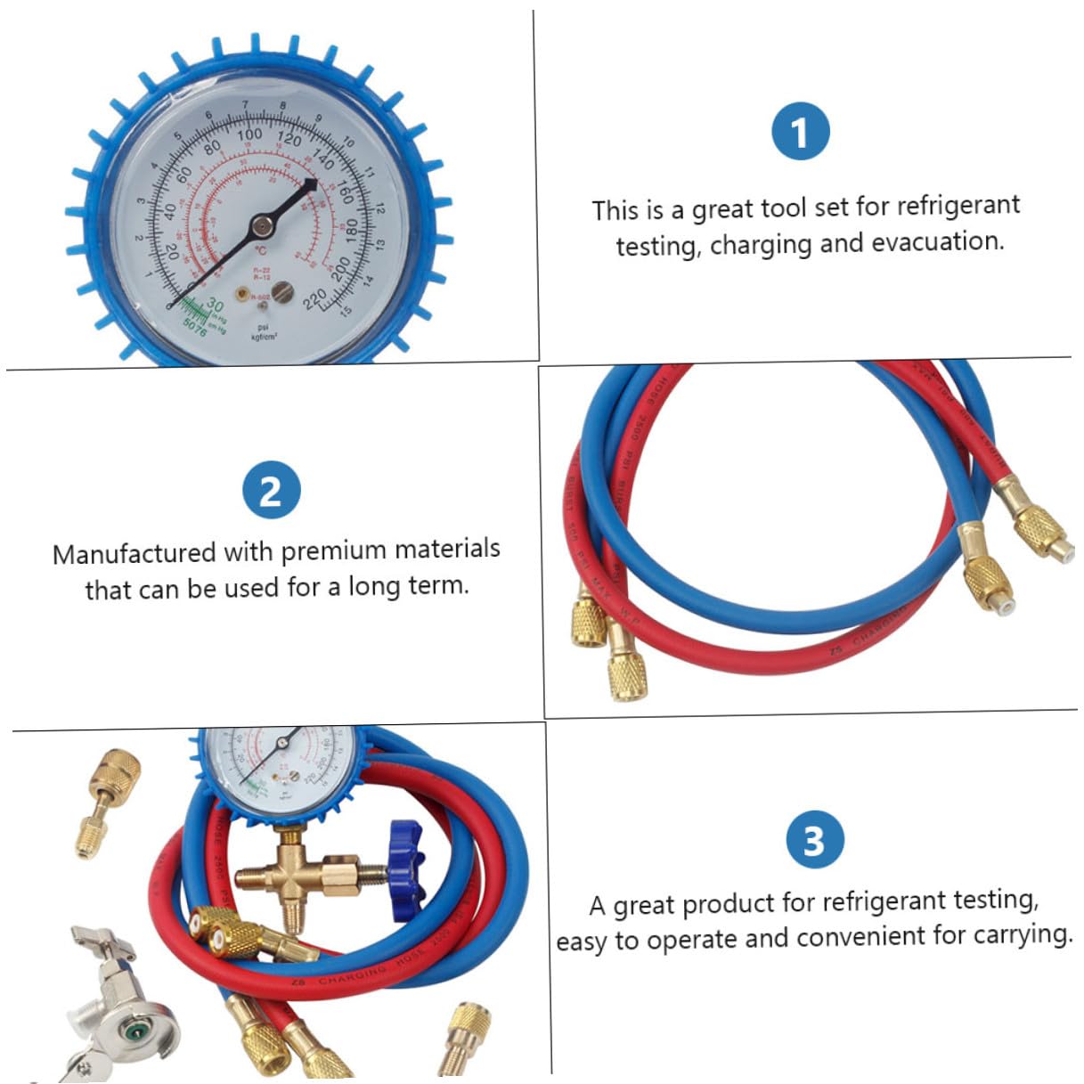 Automotive Ac Refrigerant Manifold Gauge Set with Charging Hoses, Silicone Oil Kit, Car Air Conditioner Pressure Gauge for HVAC Refrigeration Service and Ac Charging Random Color
