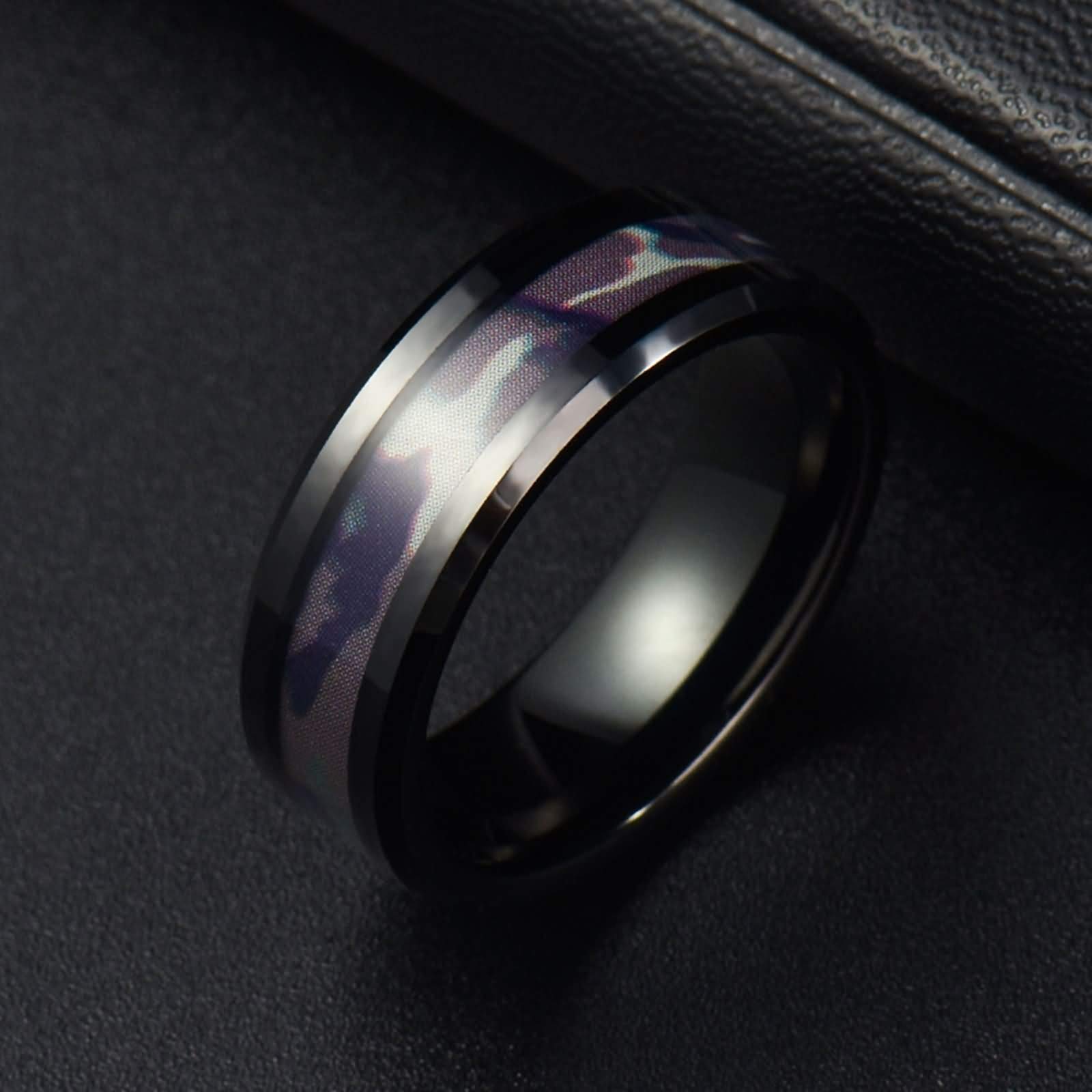Anello Tungsteno Uomo Anello con Intarsio Motivo Mimetico Anello Uomo Personalizzabile 8MM Anello Nuziale Nero Misura 12-31