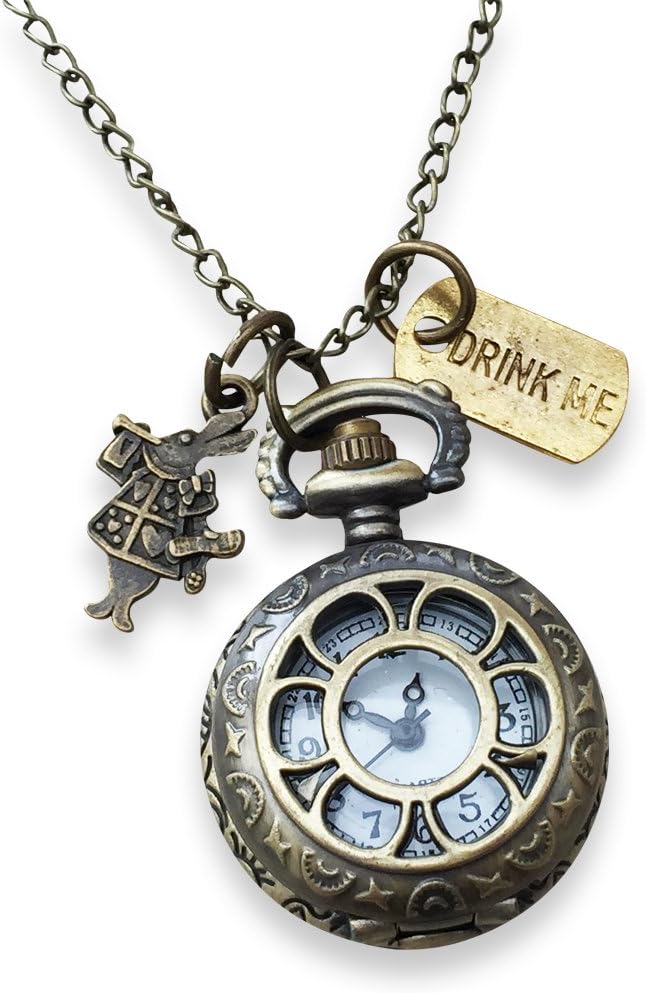 Orion Creations Alice in Wonderland Pendant Watch with Rabbit and Drink Me Charms