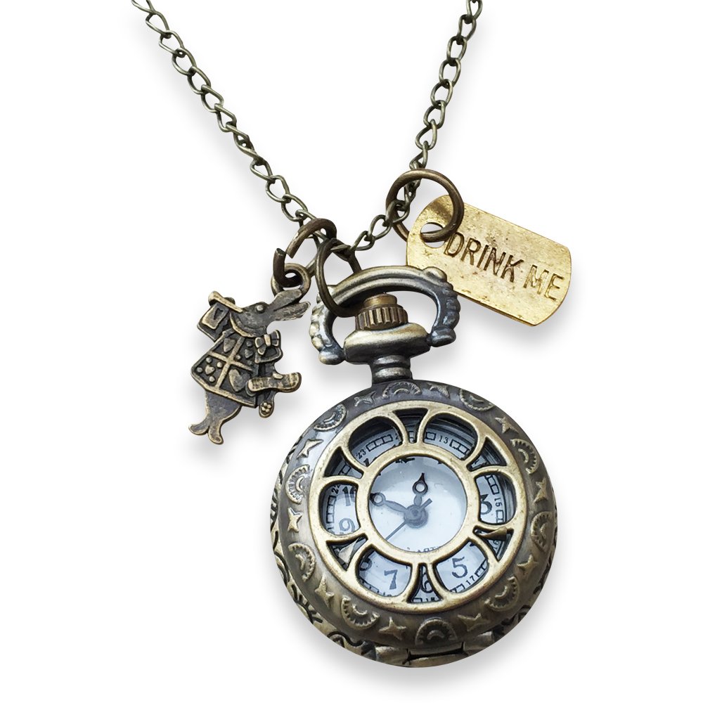Orion Creations Alice in Wonderland Pendant Watch with Rabbit and Drink Me Charms