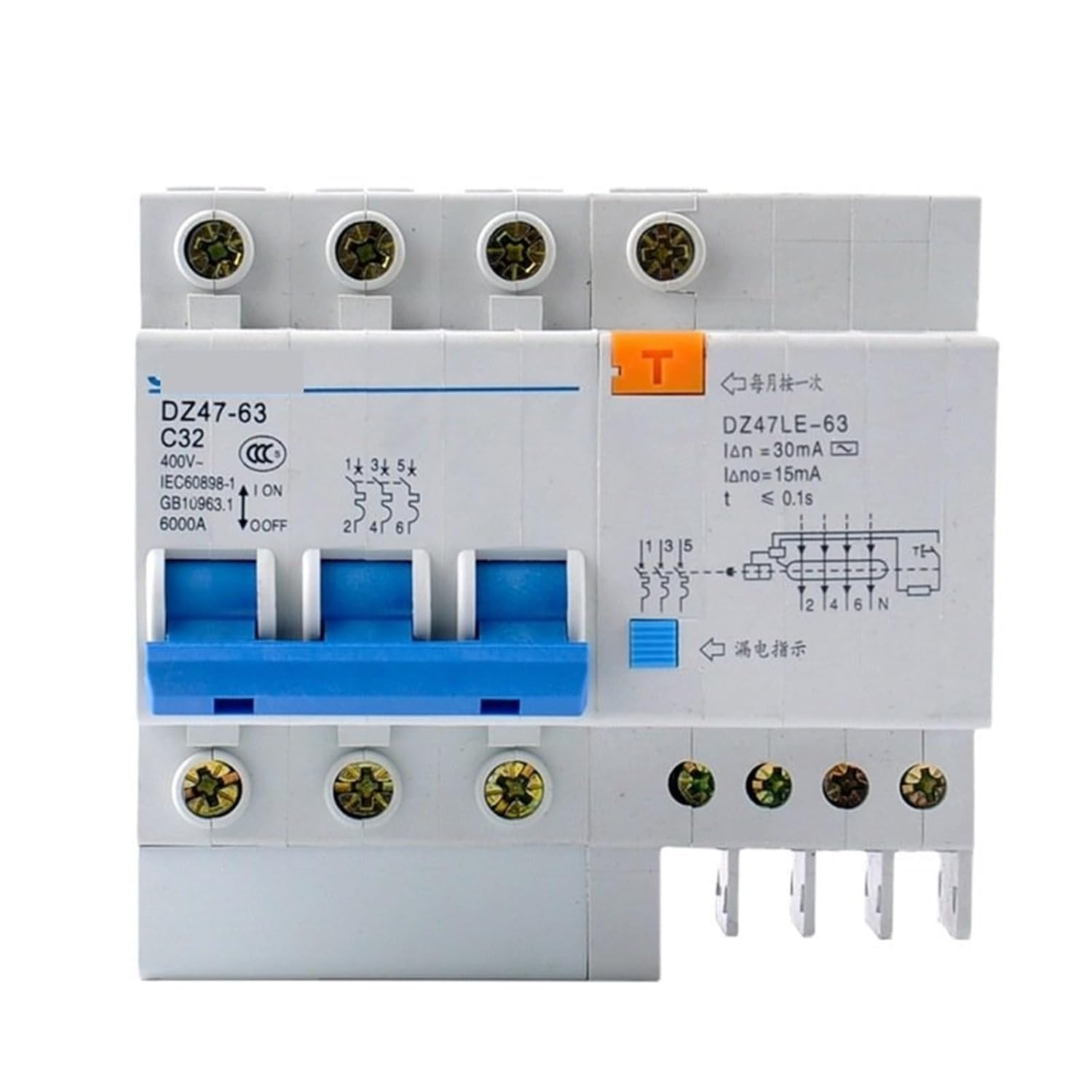 DZ47LE-63 Circuit Breaker 1P/2P/3P/4P Breaking Capacity 4.5KA Air Switch with Leakage Protector 1Pcs(3P N,63A)