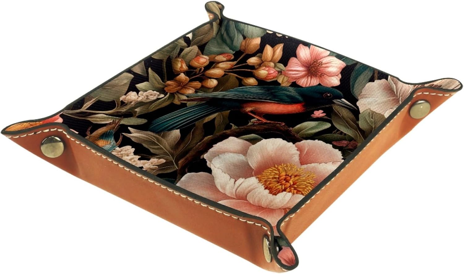 Microfiber Leather Dice Trays Folding for RPG DND Table Games, Dice Holder Storage Box Portable Rolling Dice Tray, 16x16cm (Dark Blue Bird Flowers) image 2