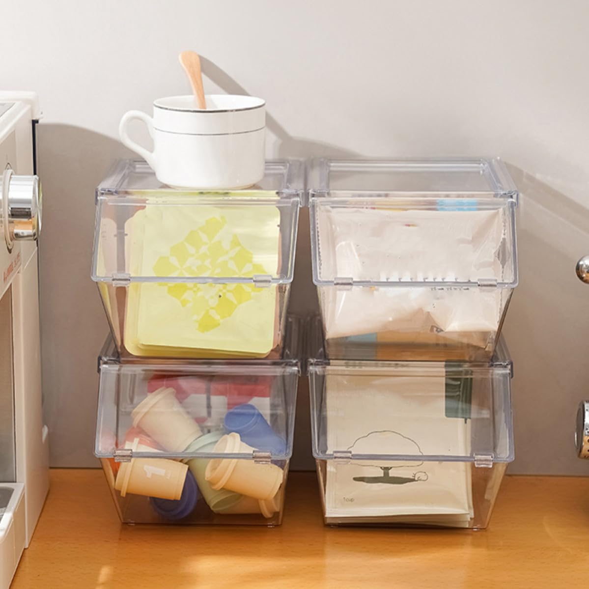 Levemolo 4 teiliges Acryl Set Teebeutel und Snack Organizer mit Deckel, stapelbar, Glatte Oberfläche, für Büro und Kaffeebar, vielseitige Aufbewahrung
