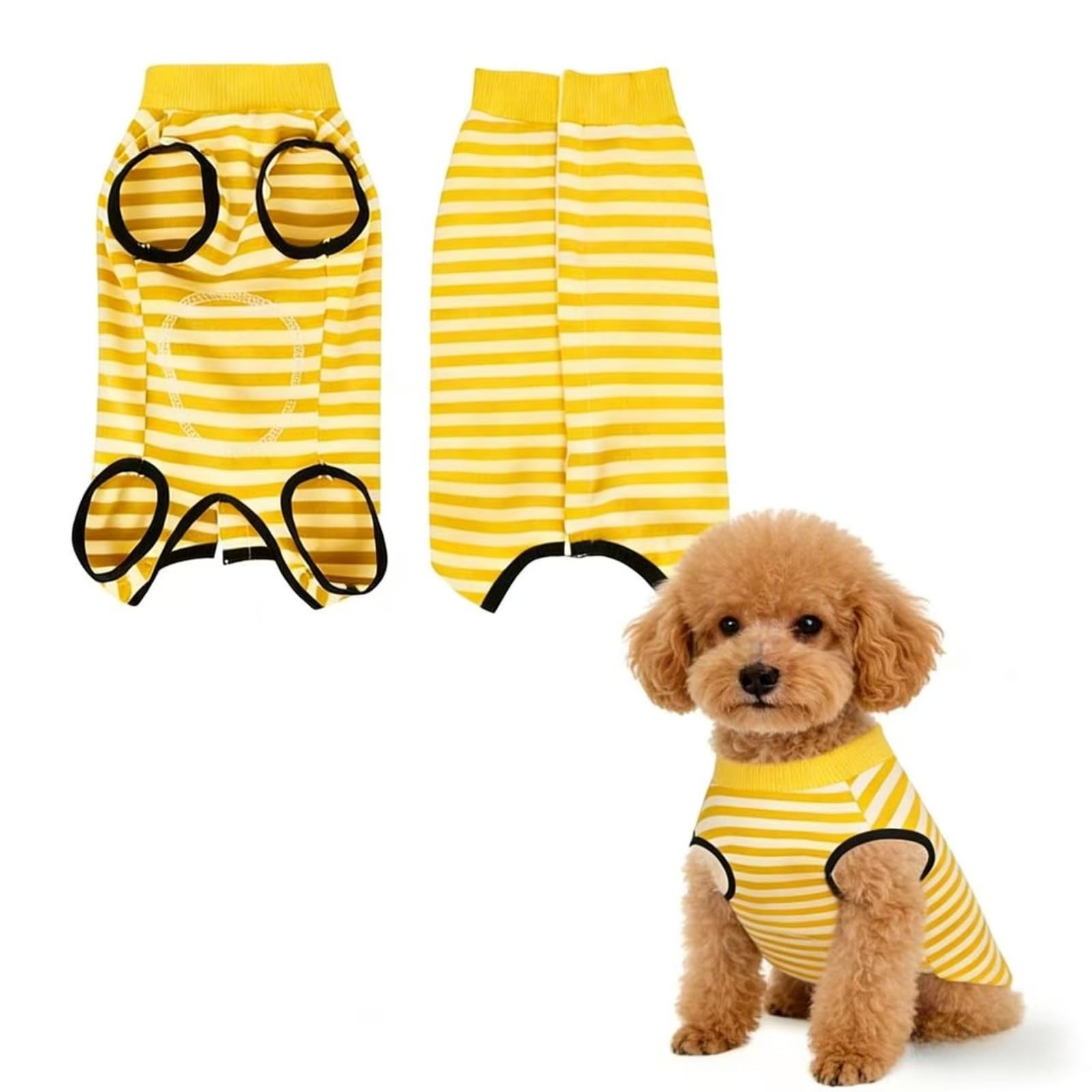 Recovery Suit for Dogs Leak-Proof Protective Suit for Dogs Yellow White Stripe Soft Surgical Bodysuit Wound Protection Cone Alternative (L)
