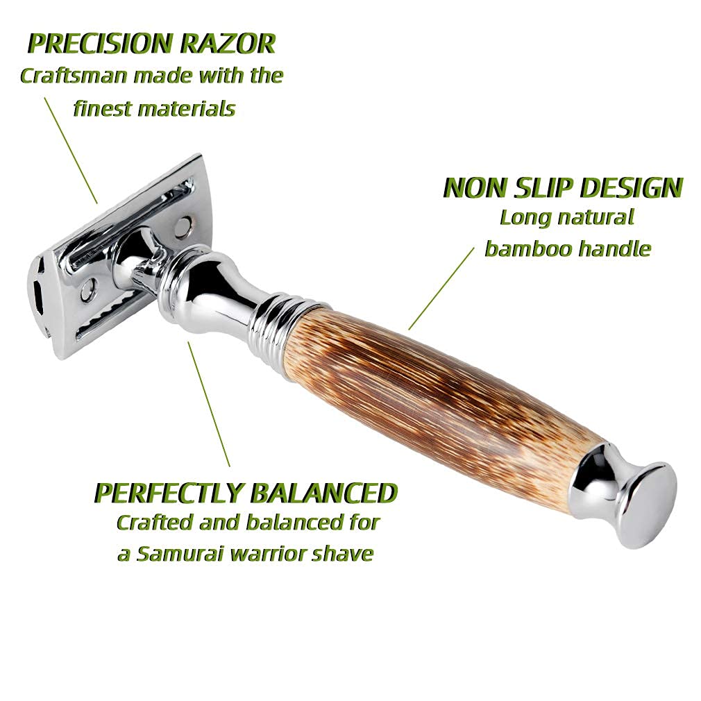 Grandslam Double Edge Safety Razor with Bamboo Handle, 10 Blades