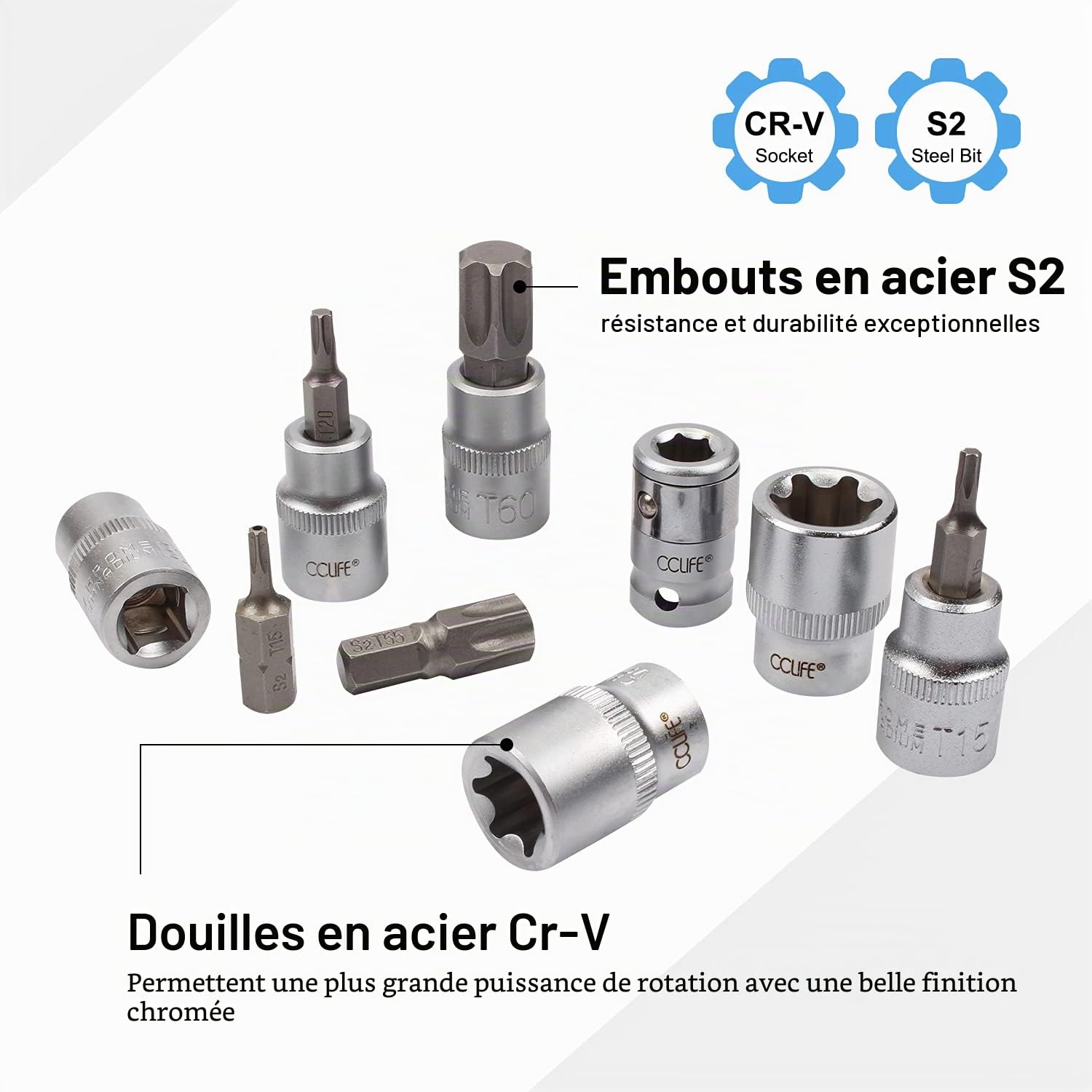 CCLIFE 34 Pièces Coffret douilles torx femelle 3/8" profil E4-E20, Embout torx étoilé profil T10-T60 en Acier S2, Adaptateur 3/8' à 5/16' CR-V Douille Etoile