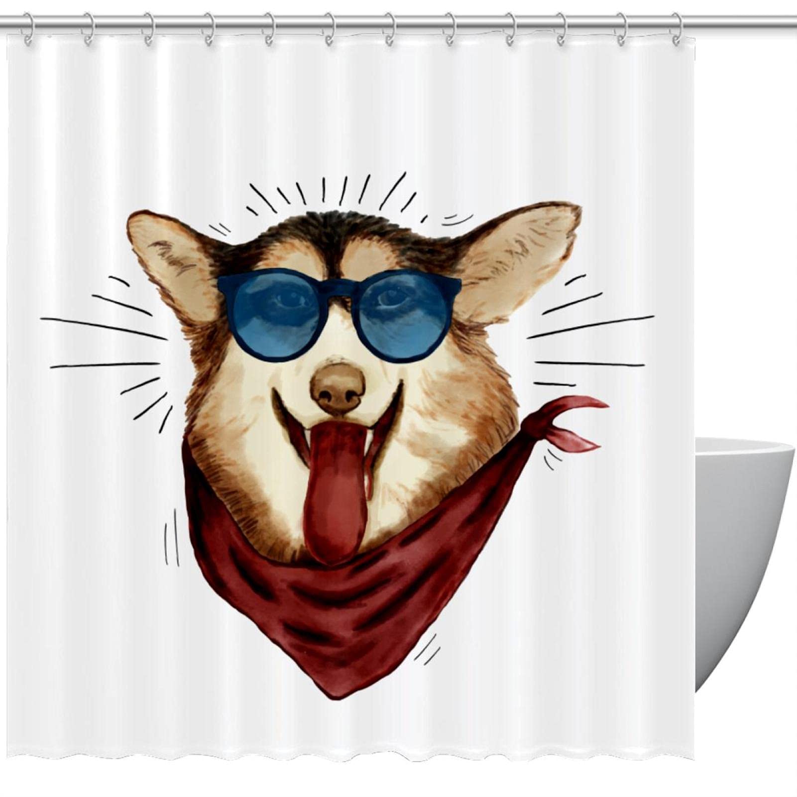 Rideau de douche imperméable motif chien à lunettes 182x183 cm avec 12 crochets