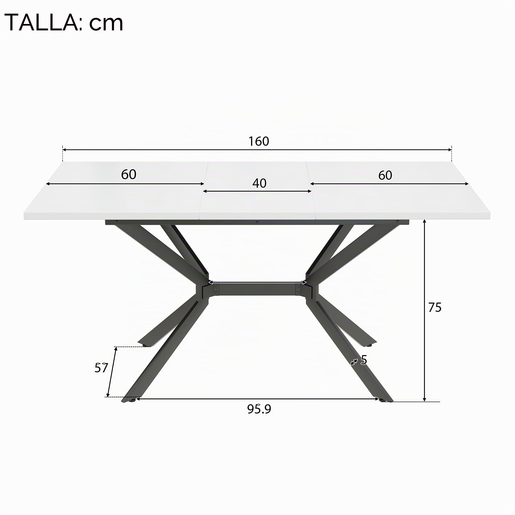 Soweiz Mesa de comedor extensible blanca de 120/160 x 80 x 75 (cm), patas de metal negro, mesa de comedor rectangular blanca, adecuada para cuatro a seis personas