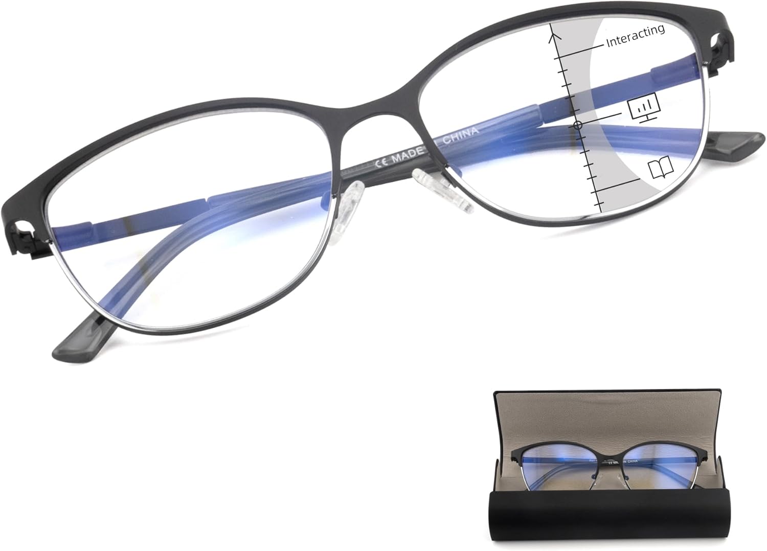 Cat Eye Progressive Multifocus Reading Glasses for Women No Line Multifocal Readers Metal Frame with Hard Case (Workspace For Near Range,Black + Silver, +1.75)