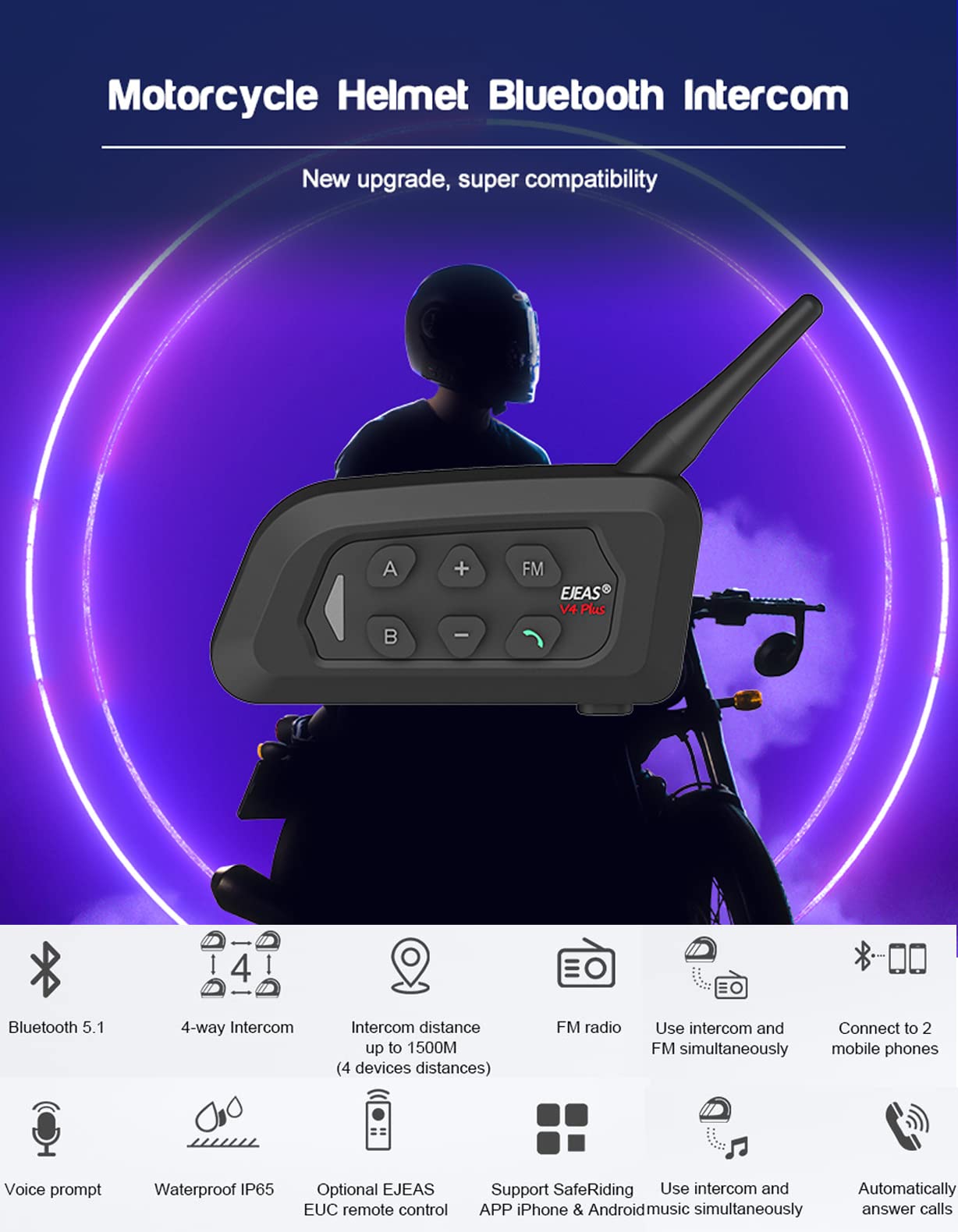 V4 Plus - Intercomunicador Bluetooth para casco de motocicleta, sistema de comunicación grupal de 4 paseos para motociclismo, árbitros, fútbol, esquí, ATV/todoterreno (paquete de 4)