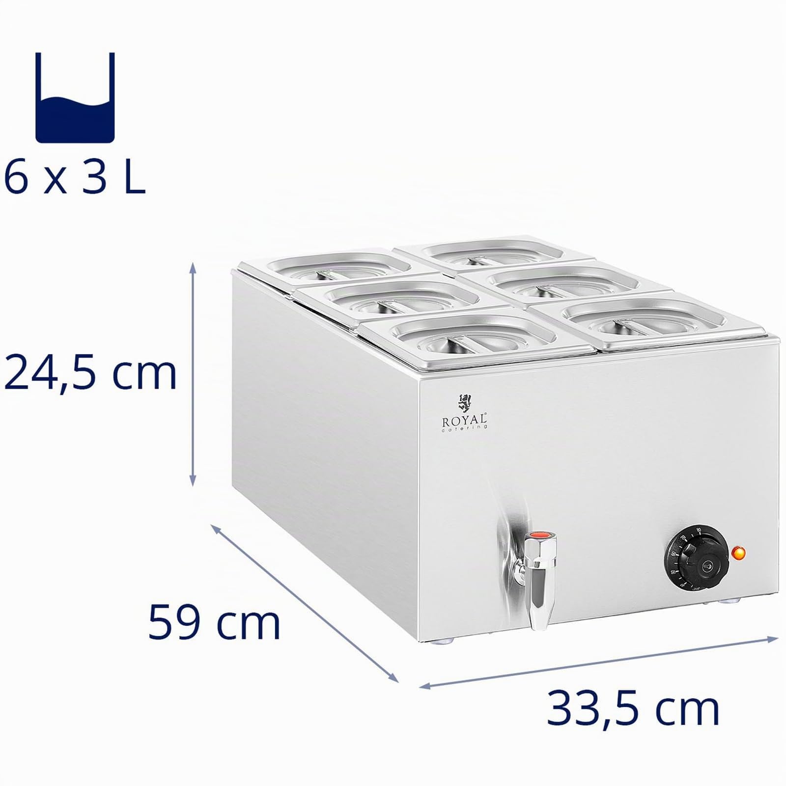Royal Catering RCBM_GN1/6 Bain Marie 600 W 6 GN 1/6 Rubinetto di scarico a bagnomaria