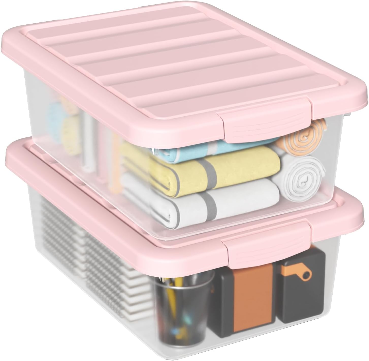 Set of 2 Clear Plastic Storage Organizer Bins with Pink Lids, 14 Quart, Versatile Organizer Container Boxes for Home, Office, and Garage