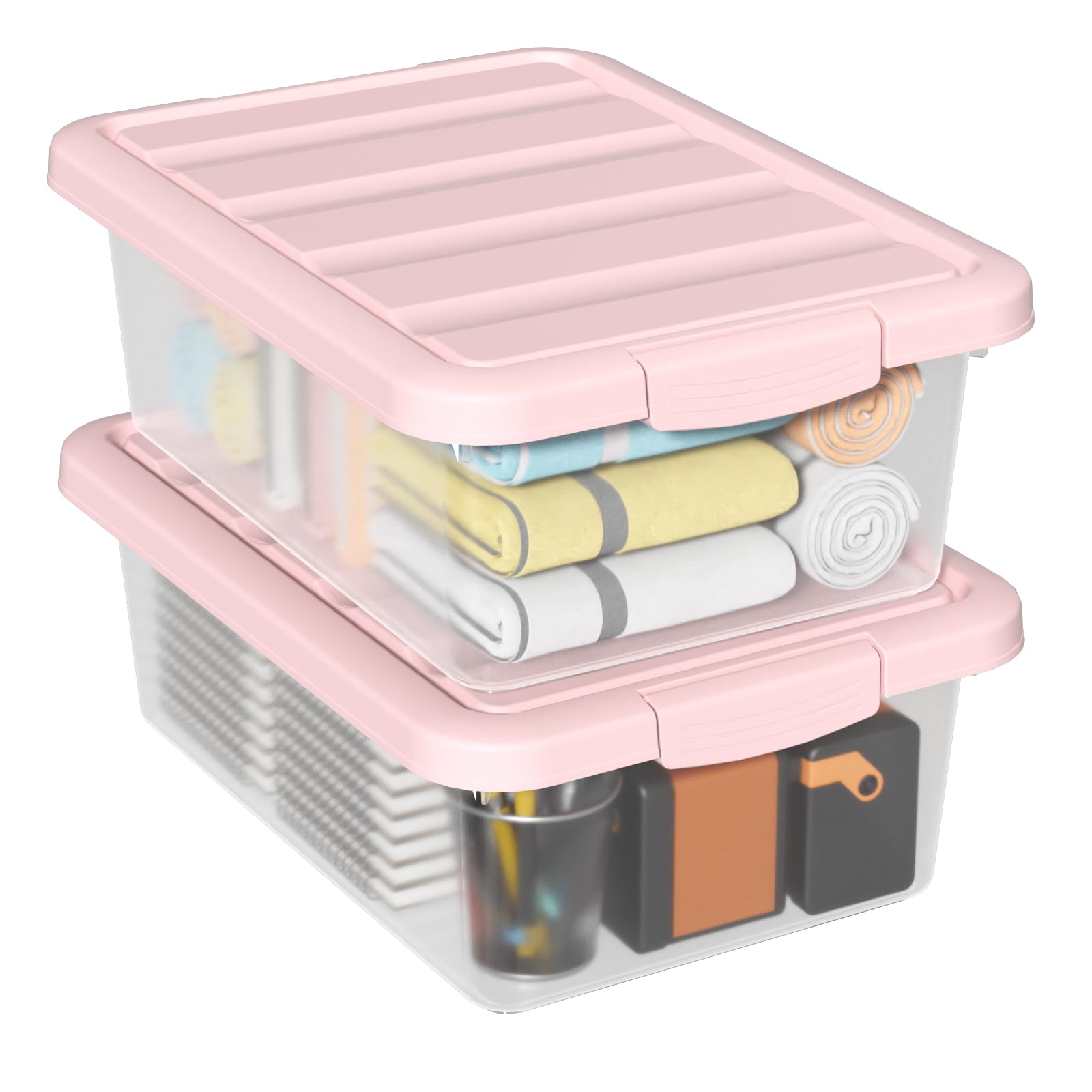 Waikhomes 2 Pack 16 L Under Bed Latching Box, Clear Box with Pink Lid