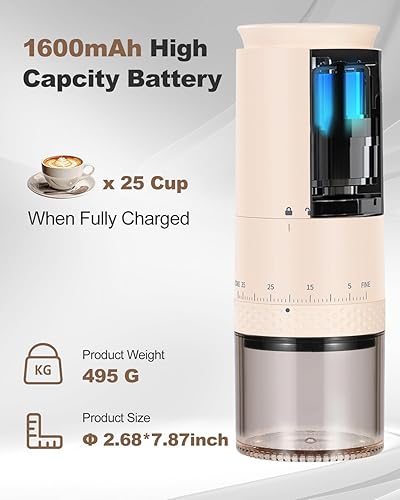 Miniatura 6 de Molinillo de café portátil inalámbrico de acero inoxidable, molinillo de café eléctrico con 38 ajustes de molienda ajustables externos, panel de