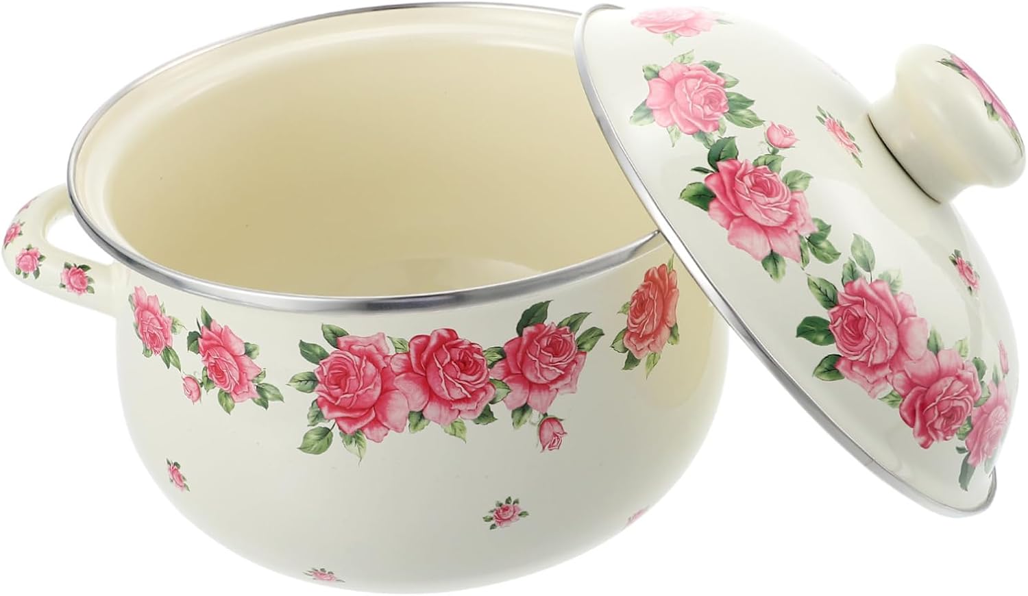 OUNONA Vintage Double Handle Enamel Soup Pot with Lid Heat Resistant Non Slip Decorative Cooking Stockpot for Kitchen Use