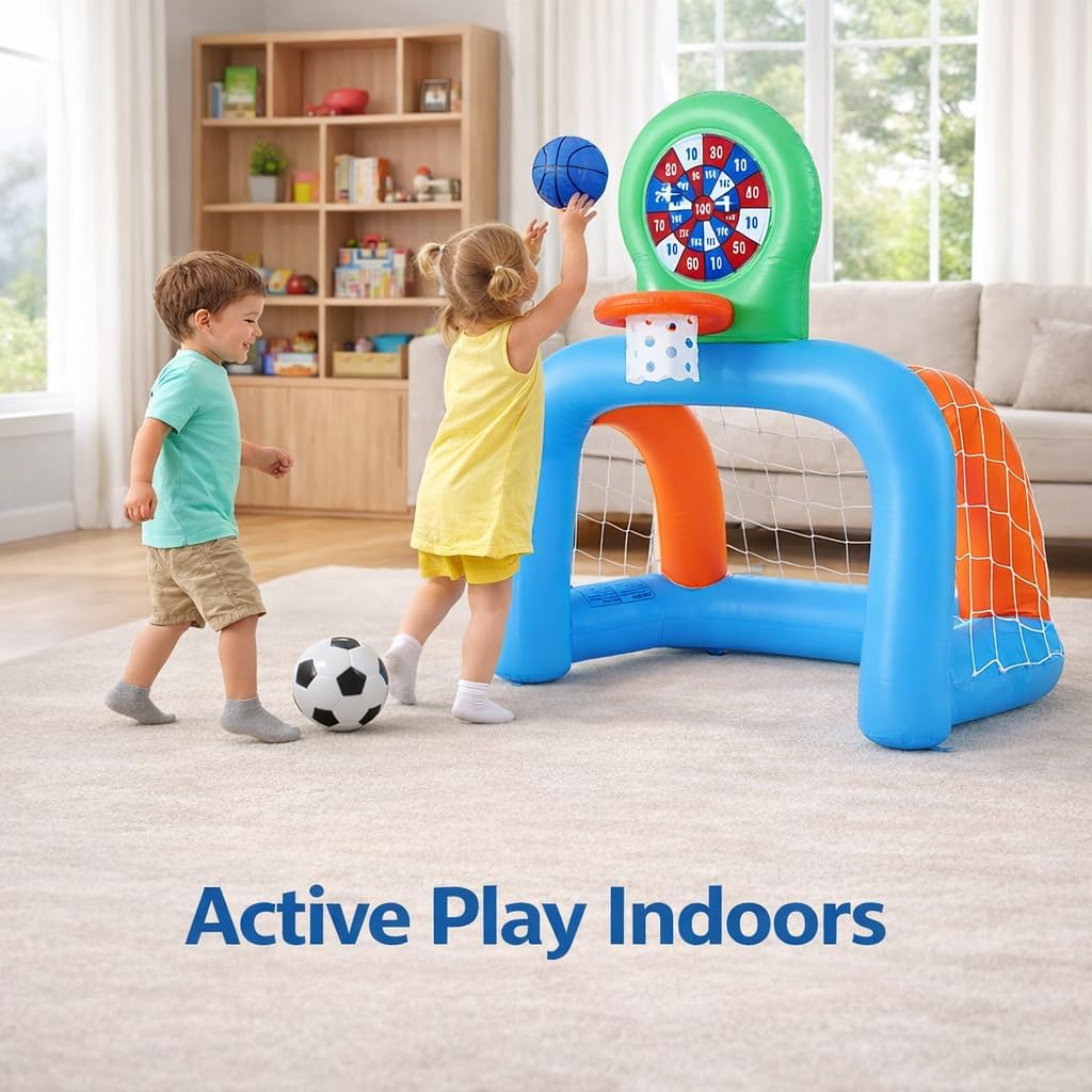 Inflatable Toddler Sports Center – Basketball Hoop & Soccer Goal, 3-in-1 with Sticky Ball Target, Soft & Safe Indoor/Outdoor Set, Ages 2–6