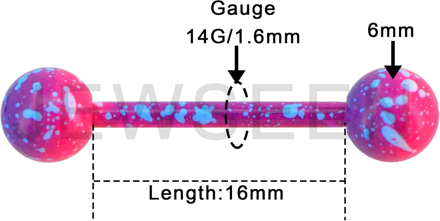 Jewseen 5PCS Pink Purple Acrylic Balls Tongue Barbell Splatter 316L Stainless Steel Bar Tongue Rings Piercing