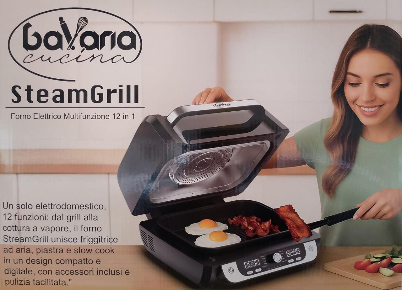 Forno Multifunzione SteamGrill 12 in 1 con Controllo Touch | Grill, Vapore, Air Fryer, Slow Cook | Potente, Versatile e Salvaspazio – Accessori Inclusi