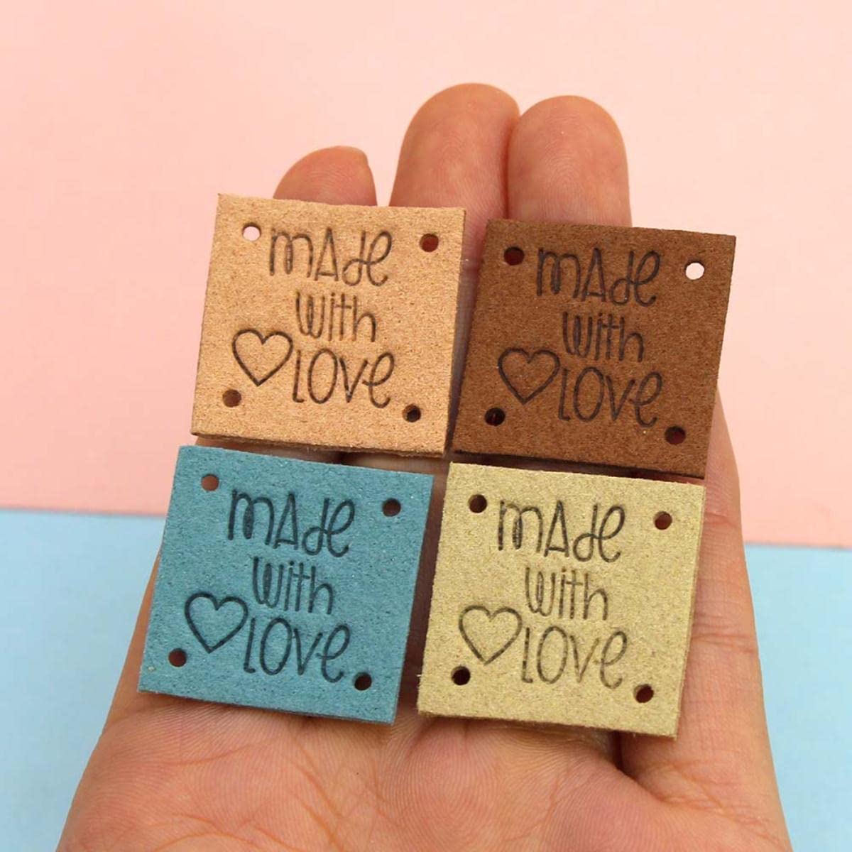 Guoguonb 30 etichette in pelle fatte a mano, rettangolari, per cucire, con 4 fori, motivo coniglio, etichetta, per cucito, fai da te, scrapbooking, vestiti, accessori, 5 x 2 cm