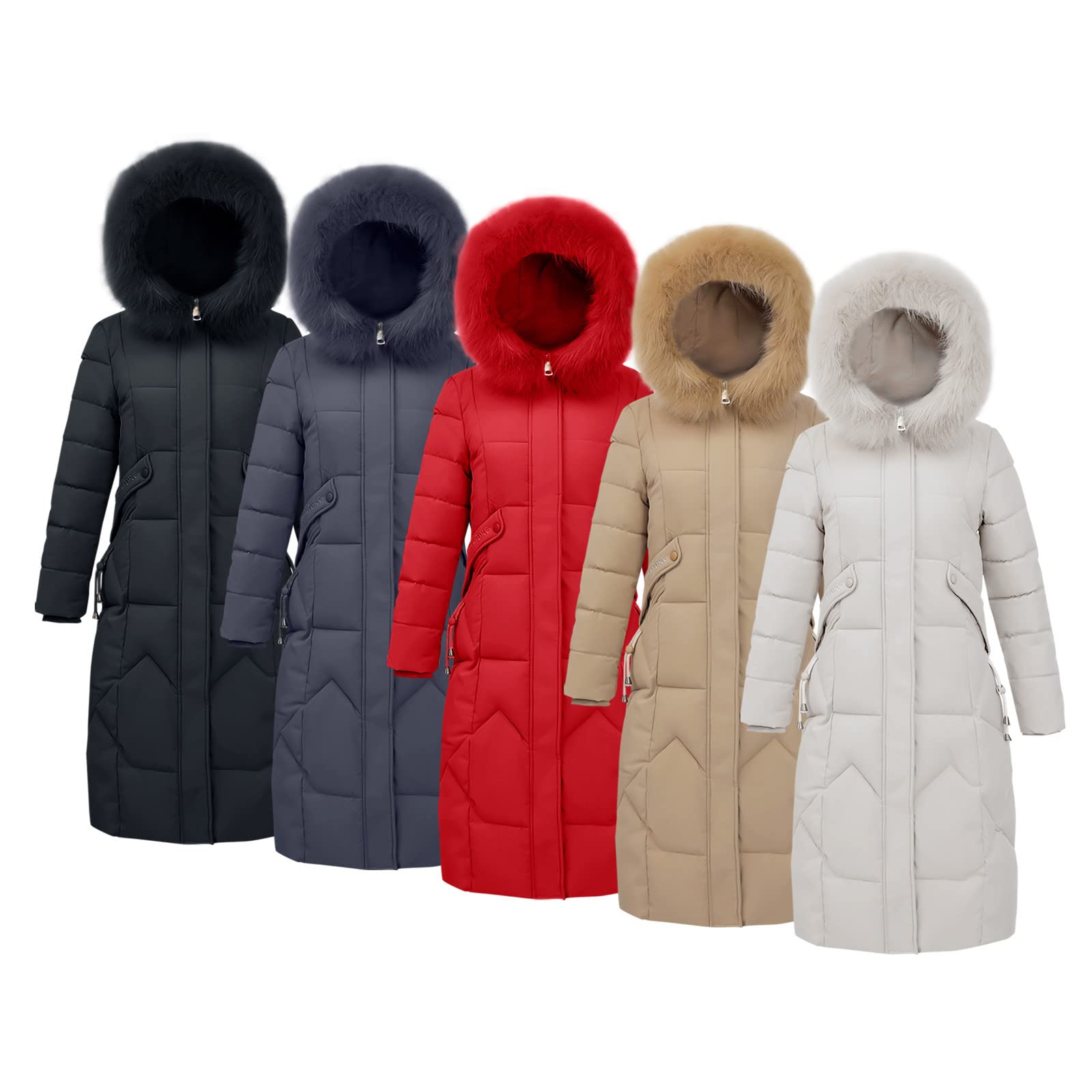 Cappotto invernale da donna, lungo, elegante, trapuntato, con cappuccio in