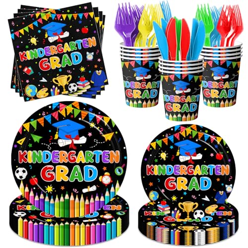Kindergarten Graduation Paper Plates and Napkins Tableware Set -2026 Preschool Graduation Party Supplies Decorations,Pre K Grad Napkins for Kindergarten Party Decoration,Favor 25 Guest(Black)