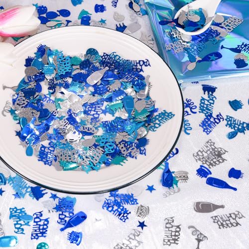 Image of Blue and Silver Happy Birthday Confetti, 3000 Pcs Birthday Cake Table Metallic Foil Confetti Party Table Decor for Party, Baby Shower, DIY Arts and Crafting