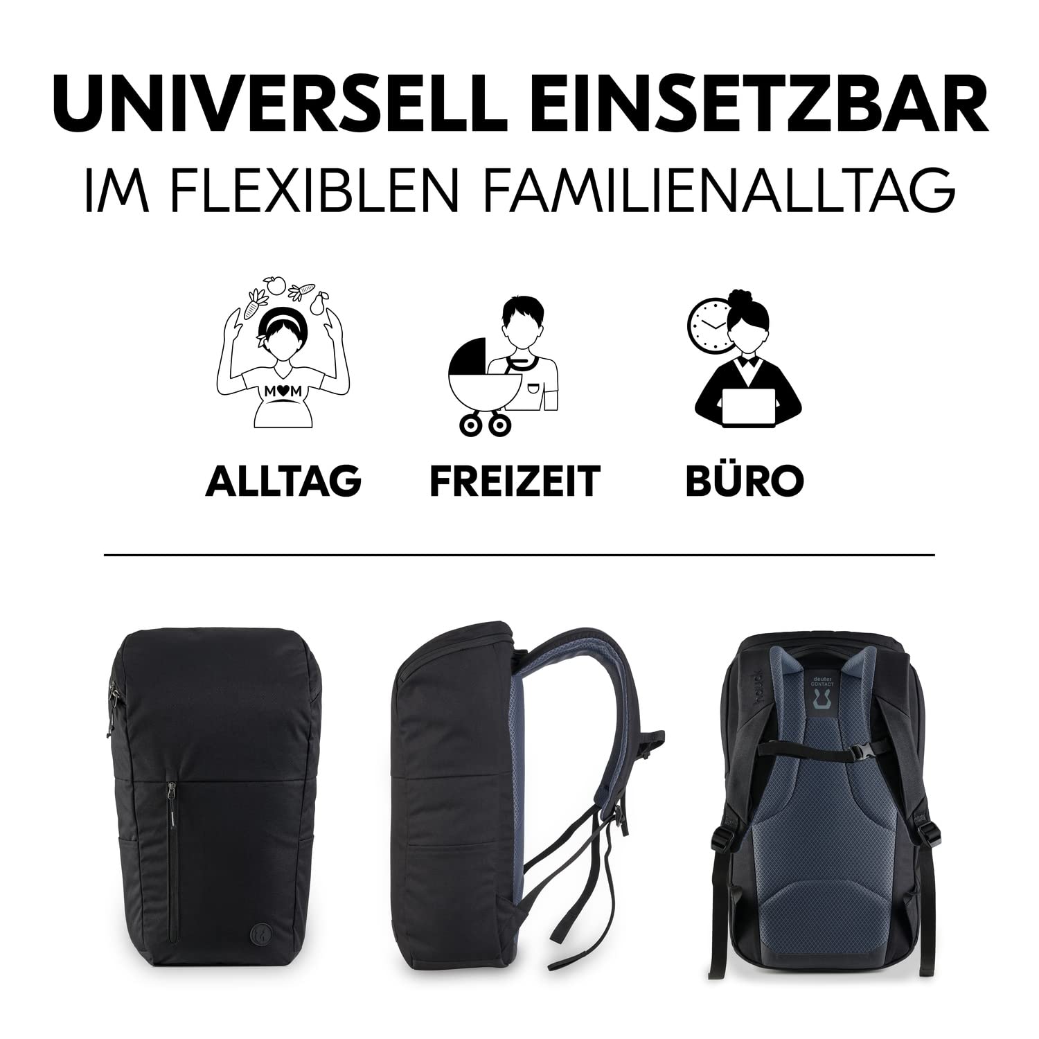 hauck Pack N Walk, Schwarz - Wickelrucksack und Wickeltasche 22 Liter mit Innentaschen, Außenfächern, Verstellbare Gurte und Brustgurt - Rucksack für Damen und Herren