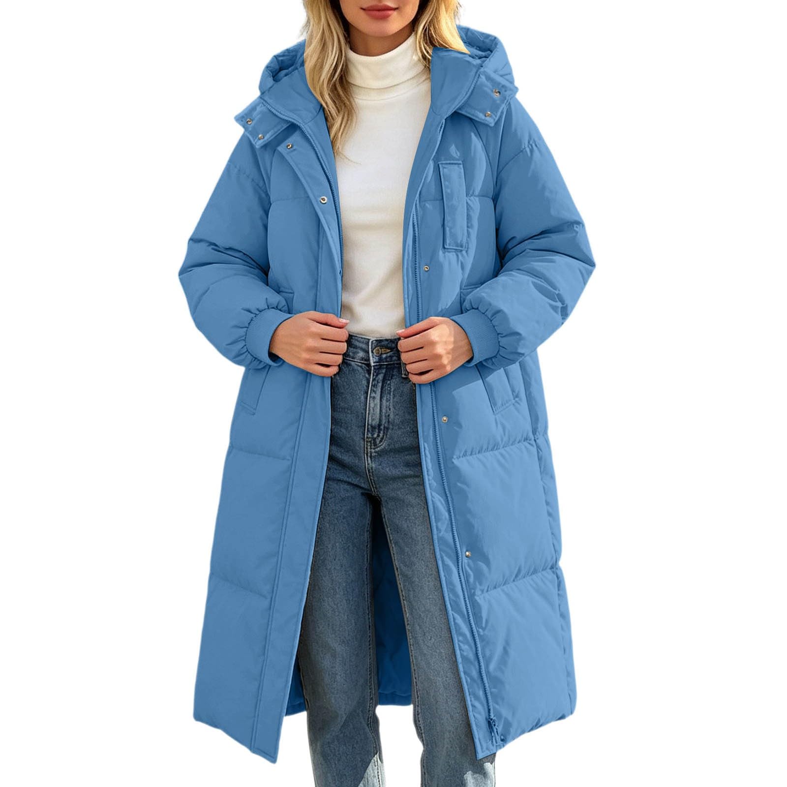 Wintermantel für Damen lang mit Kapuze, warm gefüttert mit Reißverschluss