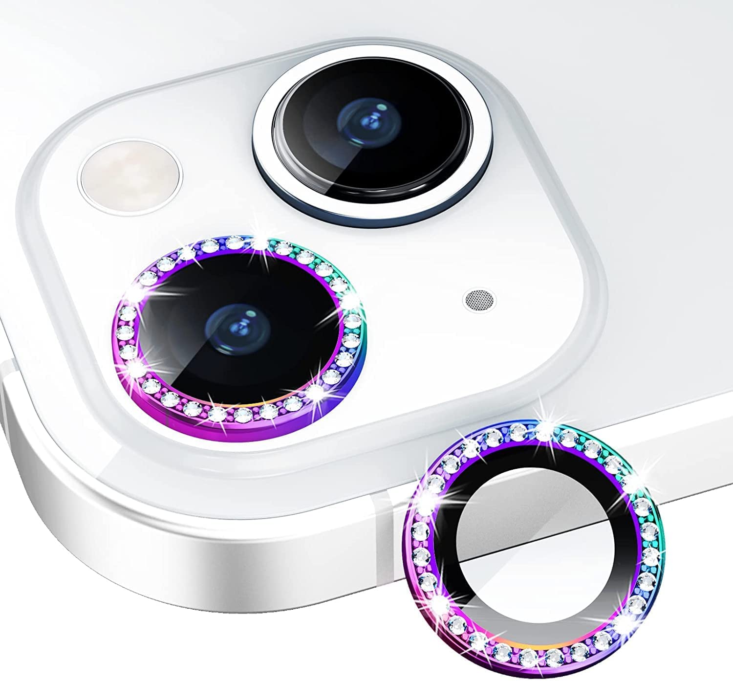 Voski Stone Diamond Camera Lens Protector For iPhone 13,iPhone 13 Mini HD Clear Scratch Proof Metal Alloy Full Fit Lens Ring For iPhone 13-Rainbow