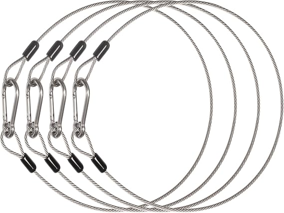 4 Pack Stage Light Safety Cables for Stage DJ Party Lights Thickened 1/8 Diameter Stainless Steel Security Cable Wire Ropes with Loops and Snap Hook, Max Load 150LB
