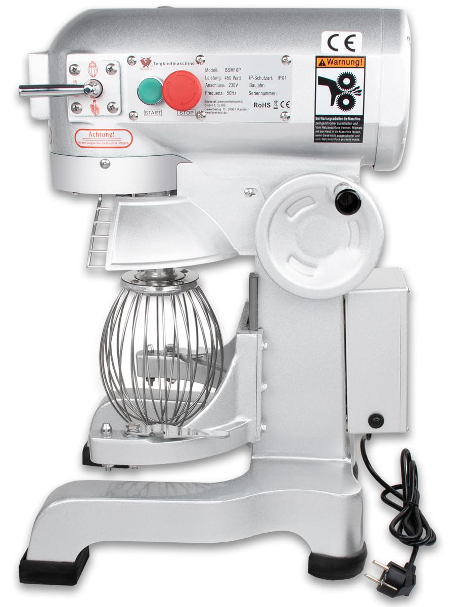 Beeketal 'BSM10P' Profi Teigknetmaschine mit Planetenrührwerk 10 Liter Kapazität (3 Stufen 105, 170, 340 U/min), Knetmaschine inkl. Knethaken, Schneebesen und Flachrührer - silber lackiert