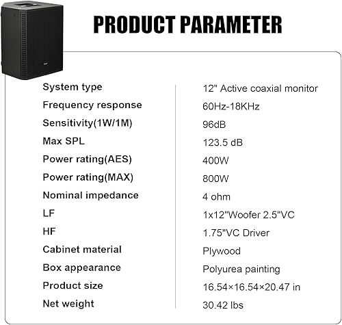Miniatura 6 de EXOTON B-12 Altavoz de monitor coaxial activo de 12 pulgadas, sistema PA Bluetooth alimentado de 800 W con DSP integrado, amplificador de clase D,