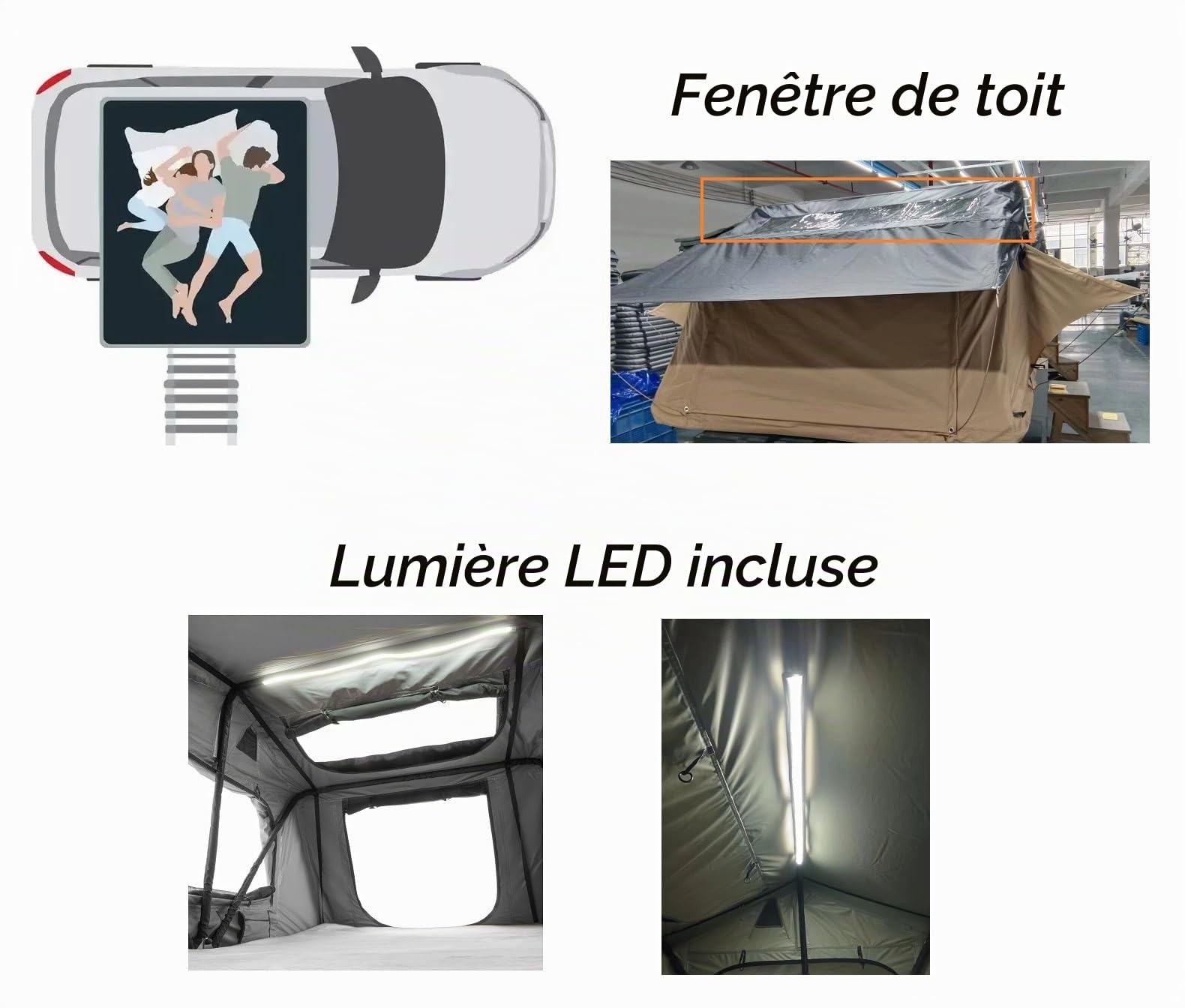 Tente de toit de voiture Soft Case 2 tailles, jusqu'à 5 personnes kaki noir avec auvent en option (taille : 163 x 125 x 26 cm avec auvent)