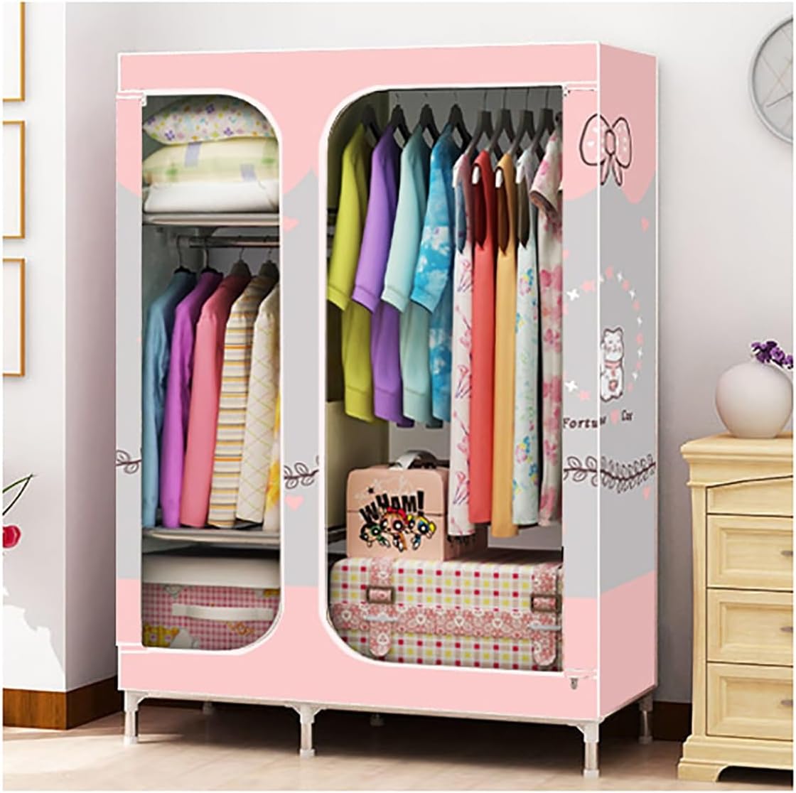 Metal Closet Wardrobe 66.14 Inch Portable Closet for Bedroom 2 Clothes Hanging Rails with Fabric Cover Clothes Storage Organizer (Color : Pink B, Size : 108x45x168cm)