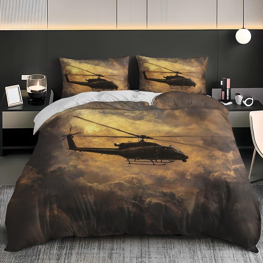 Dzieci Dorośli Zestaw Poszewek Z Nadrukiem 3D 220 x 220 cm Złote Chmury Mikrofibra Zestaw Pościeli 2 Poszewki Na Poduszki + 2 Poszewki Na Poduszki Miękkie Antyalergiczne Akwarela Śmigłowiec Poszewka