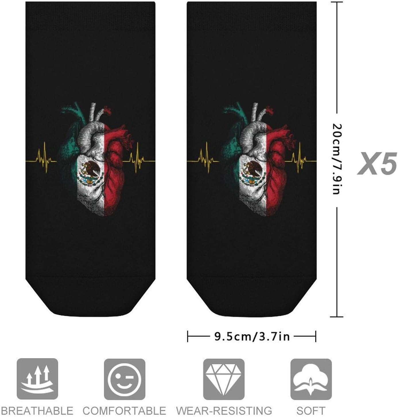 Mexico Flag Heart Socks for Men Women 5 Pairs Ankle Socks